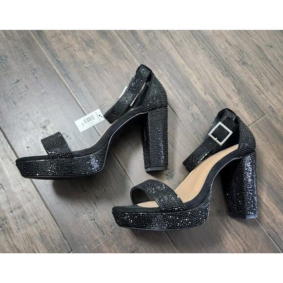 Torrid Embellished Platform Heels 10.5 WW Ankle Strap Black Sparkle Chunky - Picture 4 of 7